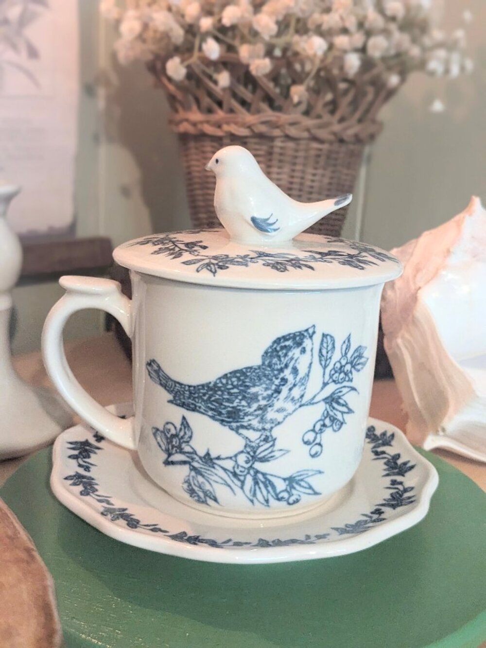 Blue & White Coffee Mug with Lid and Saucer ~ Bird Motif ~ Cottage Chic